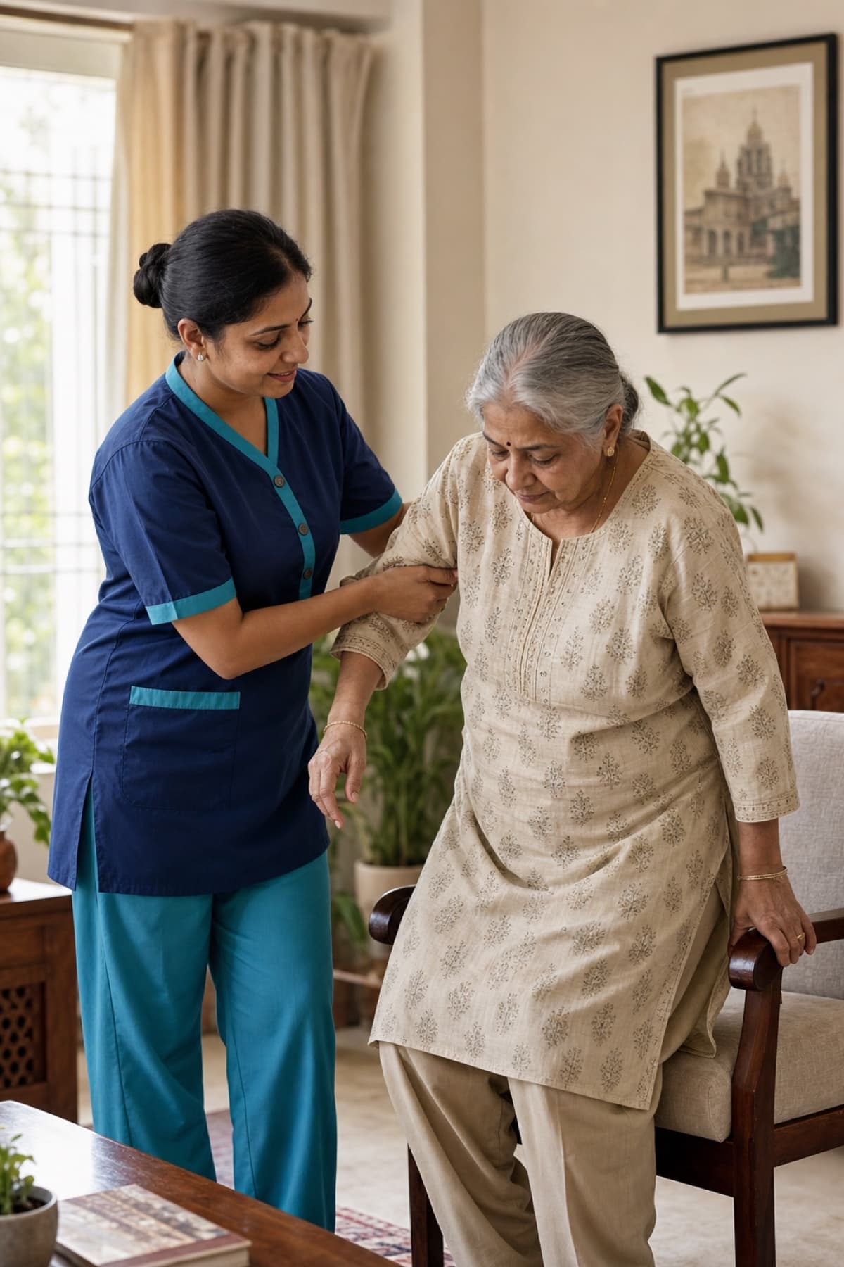 A trained home caregiver safely helping an elderly woman stand in her home