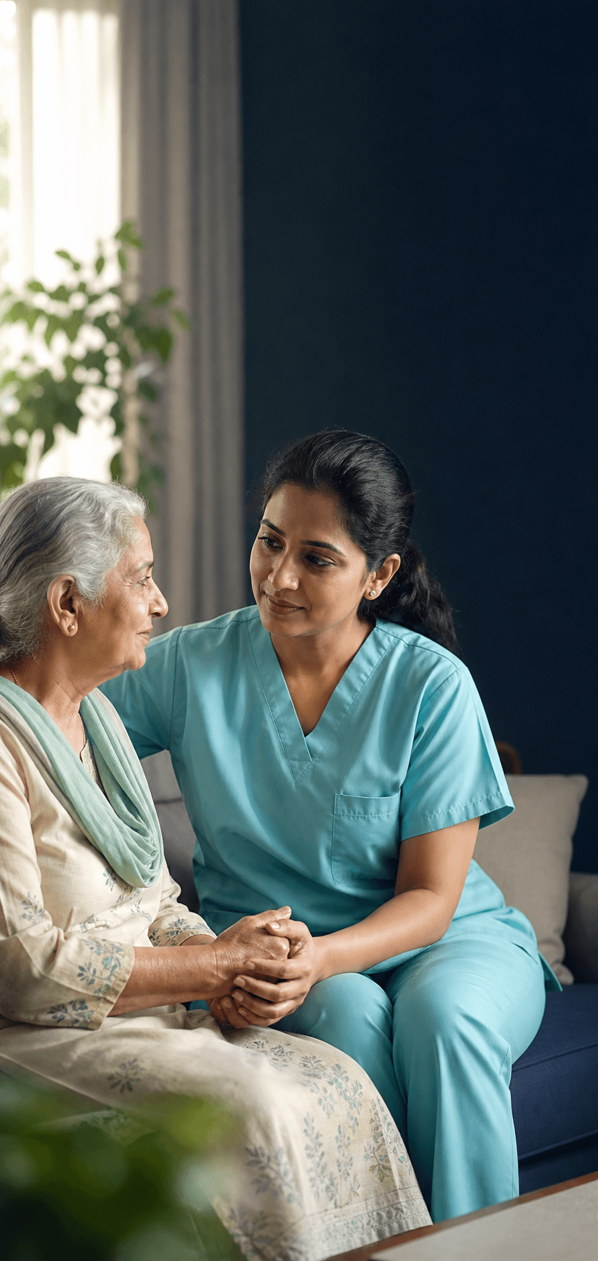 A CureXpress24 caregiver reassuring an older woman at home