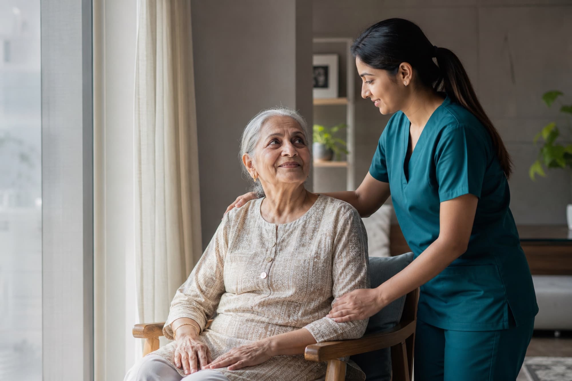 A CureXpress24 caregiver supporting an older woman in her home