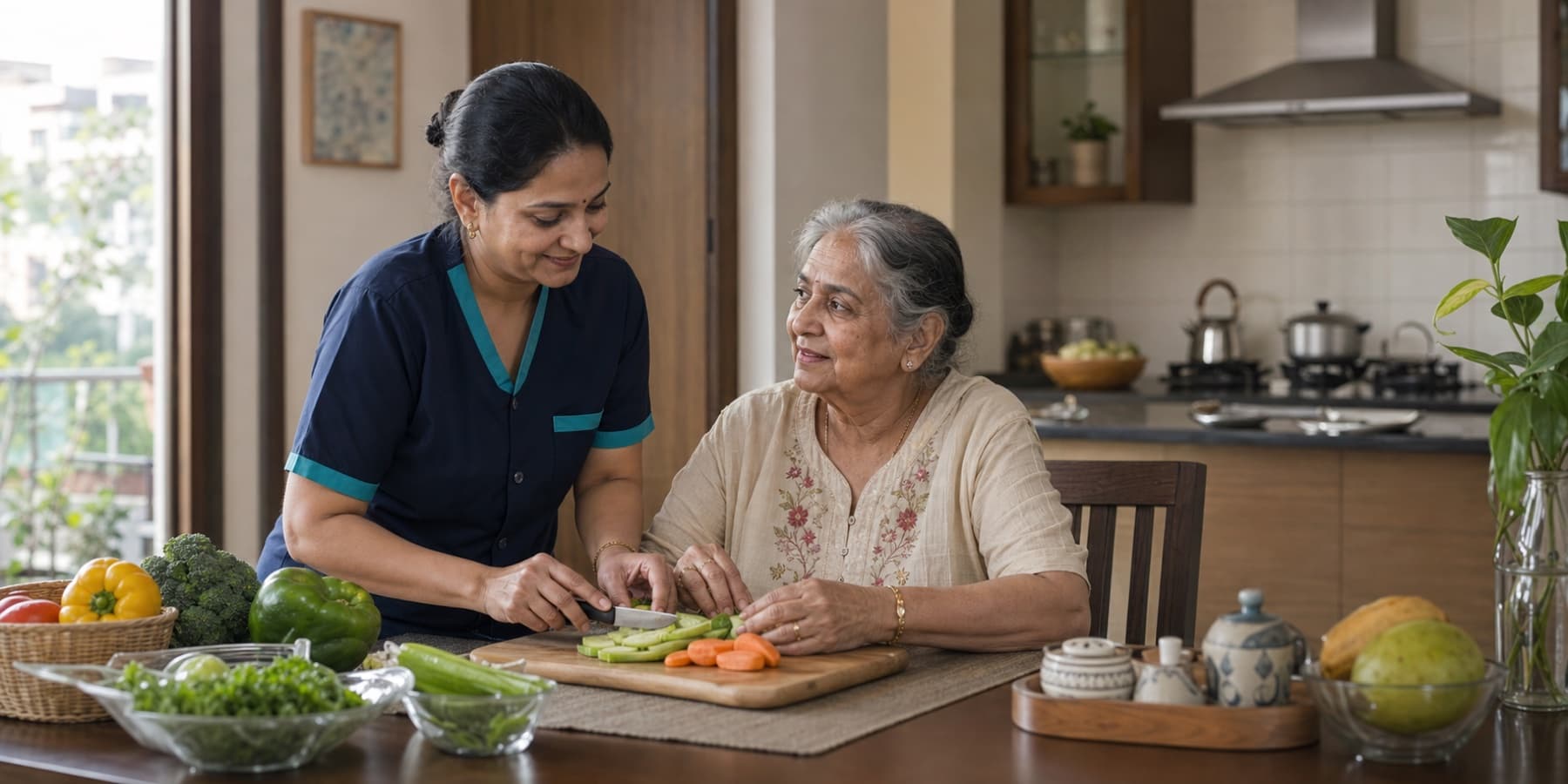 A caregiver and an older woman preparing a healthy meal together at home