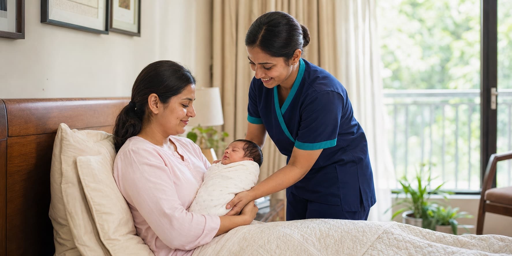 A postnatal caregiver helping a new mother hold her newborn at home