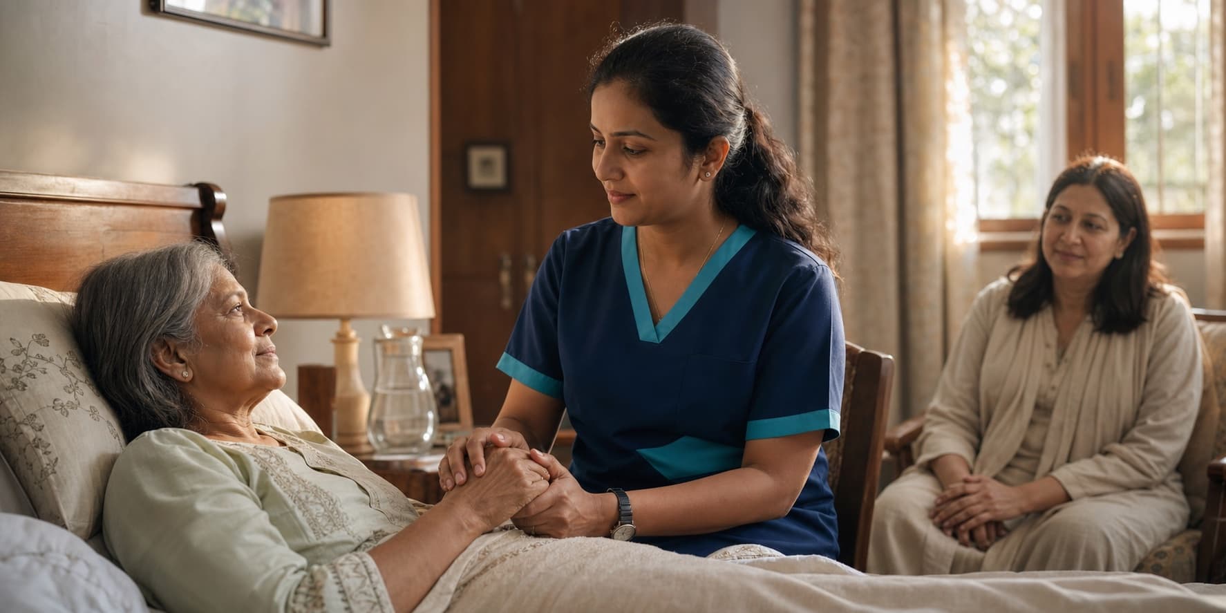 A palliative-care nurse offering calm support to an older patient at home