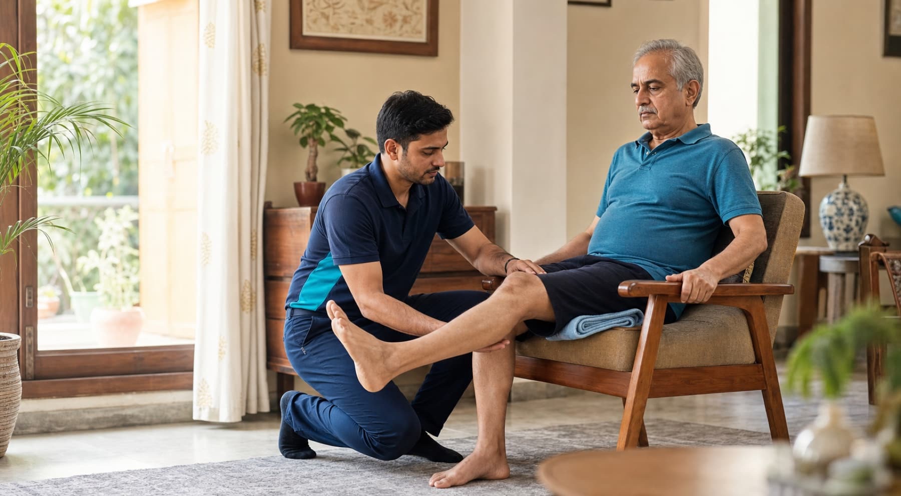 A physiotherapist guiding an older man through a knee rehabilitation exercise at home