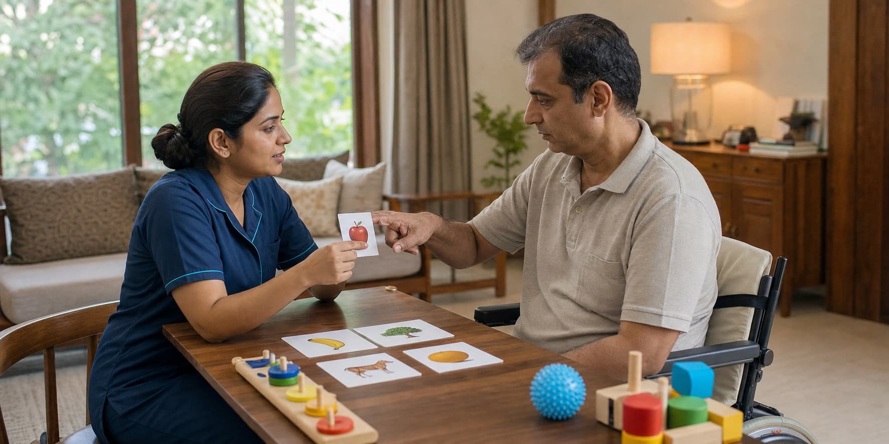A therapist guiding a patient through a communication and hand exercise at home