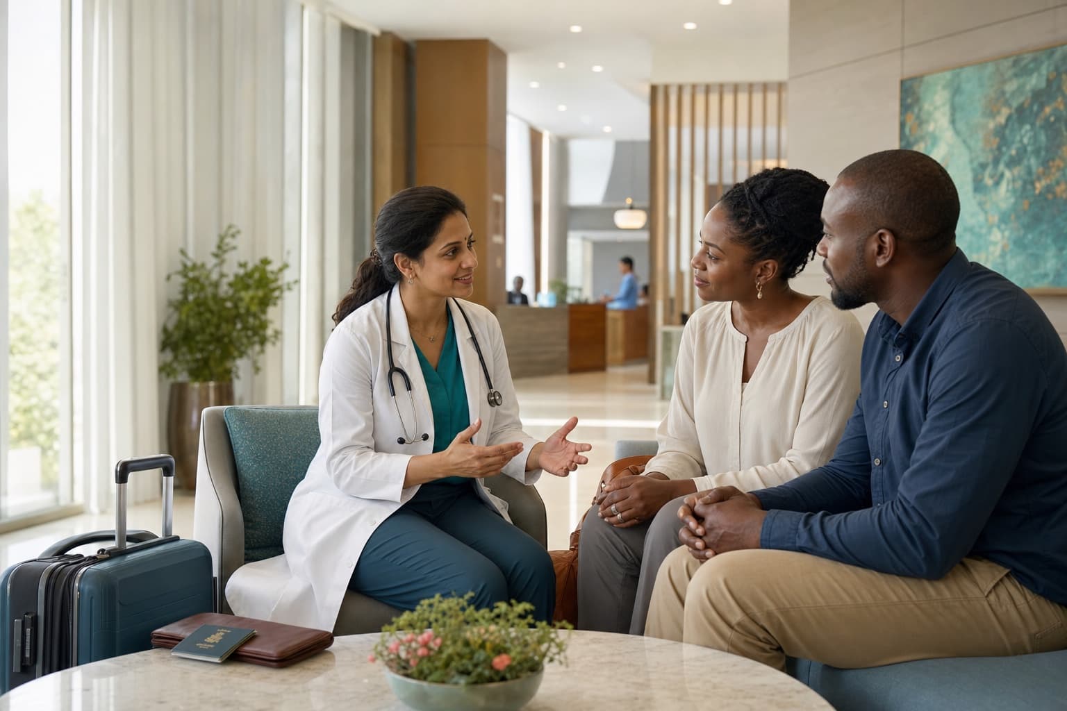 An Indian doctor discussing a treatment plan with an international patient and her family companion after travelling to India